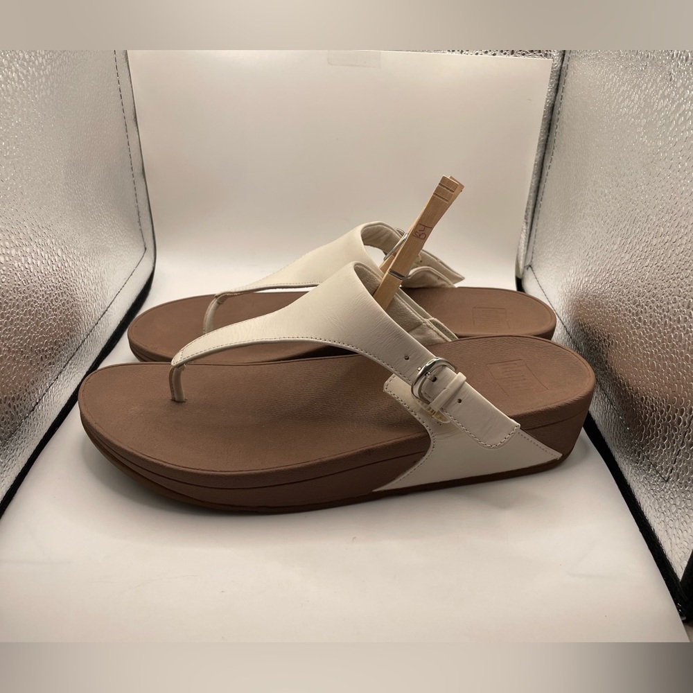 FitFlop White and Brown Wedge Thong Sandals